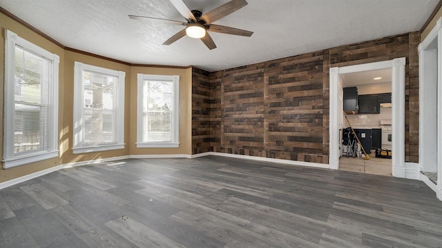639 W Elk St, Freeport, IL 61032 - empty room with a ceiling fan, wooden walls, wood finished floors, ornamental molding, and baseboards