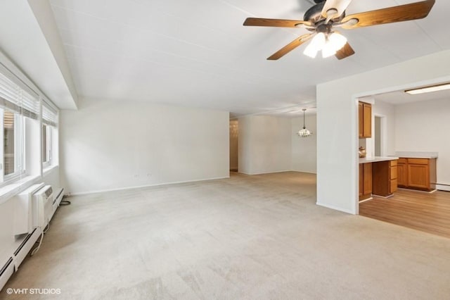 1137 Leavitt Ave Unit 118, Flossmoor, IL 60422 - unfurnished living room with light carpet, a chandelier, a ceiling fan, and a baseboard heating unit