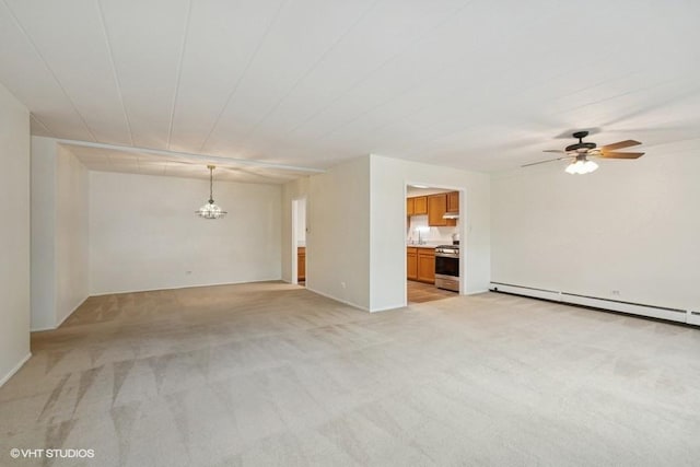 1137 Leavitt Ave Unit 118, Flossmoor, IL 60422 - unfurnished living room with a ceiling fan, light colored carpet, a chandelier, and a baseboard heating unit
