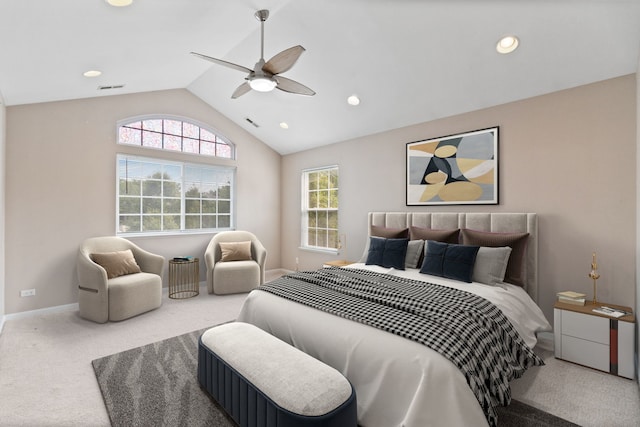390 Jamestown Ct, Aurora, IL 60502 - carpeted bedroom featuring lofted ceiling, a ceiling fan, recessed lighting, and baseboards