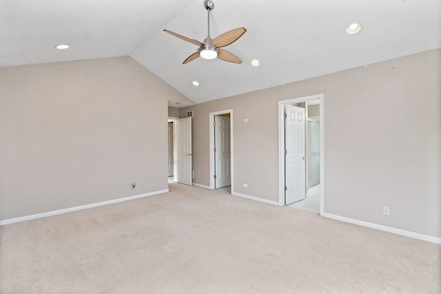 390 Jamestown Ct, Aurora, IL 60502 - unfurnished bedroom featuring lofted ceiling, light colored carpet, recessed lighting, baseboards, and ceiling fan