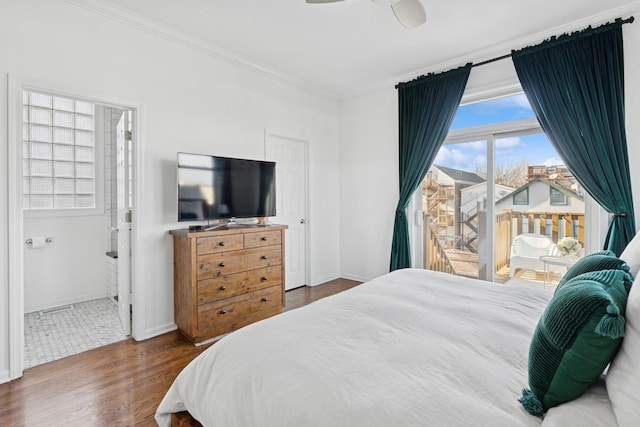 1632 W Erie St Unit 3, Chicago, IL 60622 - bedroom featuring access to exterior, ornamental molding, wood finished floors, ensuite bathroom, and ceiling fan