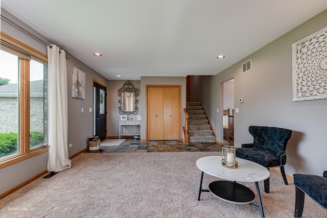 2665 Daniel Lewis Dr, New Lenox, IL 60451 - sitting room featuring carpet floors, baseboards, stairway, plenty of natural light, and recessed lighting