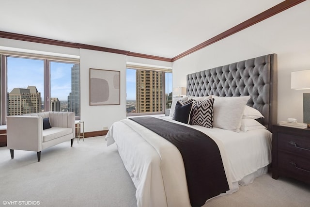 161 E Chicago Ave Unit 39F, Chicago, IL 60611 - bedroom with carpet floors, crown molding, a view of city, and baseboards