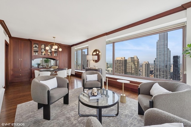 161 E Chicago Ave Unit 39F, Chicago, IL 60611 - living area with ornamental molding, dark wood-style flooring, and a view of skyline