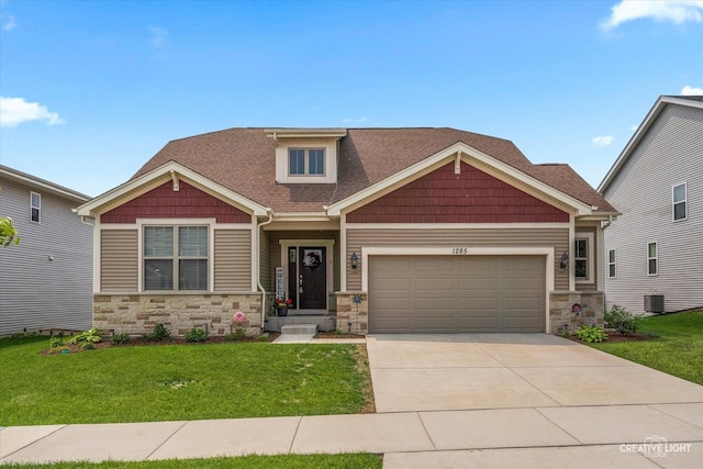1285 Highpoint Ct, Bartlett, IL 60103 - craftsman inspired home with stone siding, a front lawn, driveway, and an attached garage