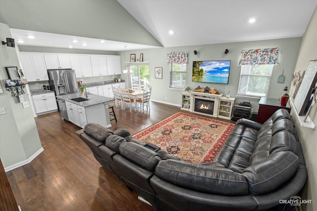 1285 Highpoint Ct, Bartlett, IL 60103 - living area with dark wood-style flooring, vaulted ceiling, recessed lighting, and a lit fireplace