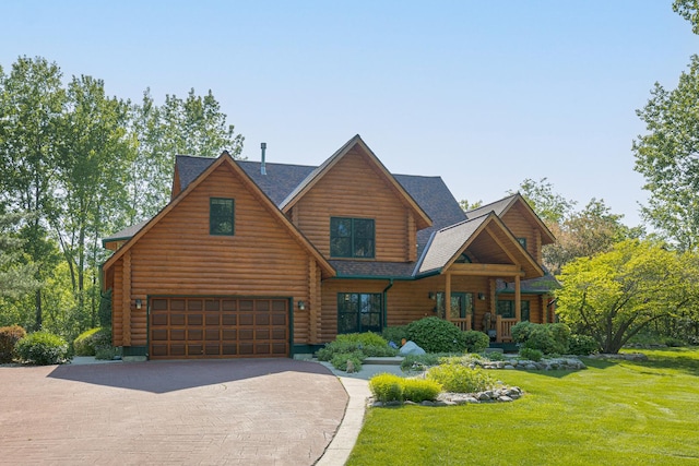 10415 Ridge Ln, Huntley, IL 60142 - log-style house featuring log siding, a garage, decorative driveway, and a front yard