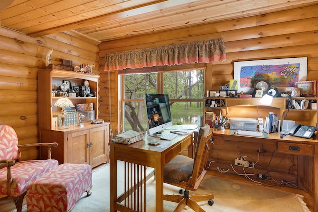 10415 Ridge Ln, Huntley, IL 60142 - home office with rustic walls, wooden ceiling, and carpet