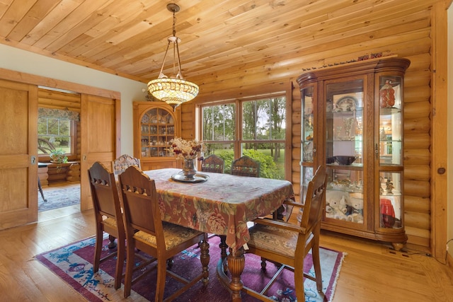 10415 Ridge Ln, Huntley, IL 60142 - dining space with log walls, wood ceiling, healthy amount of natural light, and light wood-type flooring