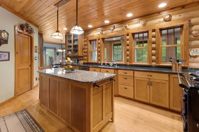 10415 Ridge Ln, Huntley, IL 60142 - kitchen with stove, wood ceiling, light wood-style floors, a center island, and recessed lighting