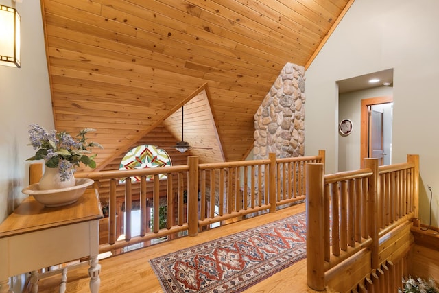 10415 Ridge Ln, Huntley, IL 60142 - hall with high vaulted ceiling, wooden ceiling, wood finished floors, and an upstairs landing
