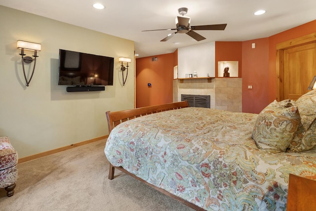 10415 Ridge Ln, Huntley, IL 60142 - carpeted bedroom featuring recessed lighting, baseboards, a tile fireplace, and a ceiling fan