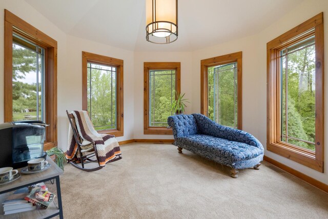 10415 Ridge Ln, Huntley, IL 60142 - living area featuring carpet floors, baseboards, and vaulted ceiling