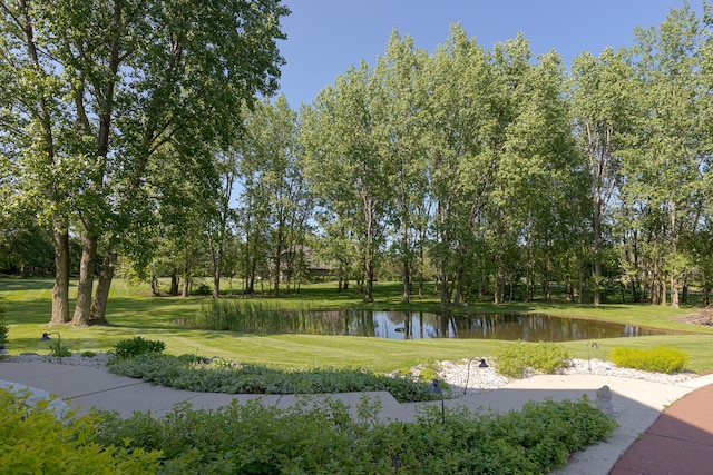 10415 Ridge Ln, Huntley, IL 60142 - view of community featuring a water view, a lawn, and view of wooded area