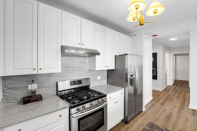 201 N Westshore Dr Unit 2102, Chicago, IL 60601 - kitchen with under cabinet range hood, stainless steel appliances, white cabinets, decorative backsplash, and light wood-style floors