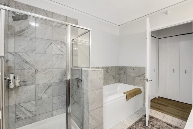 201 N Westshore Dr Unit 2102, Chicago, IL 60601 - bathroom featuring a garden tub, a stall shower, and crown molding