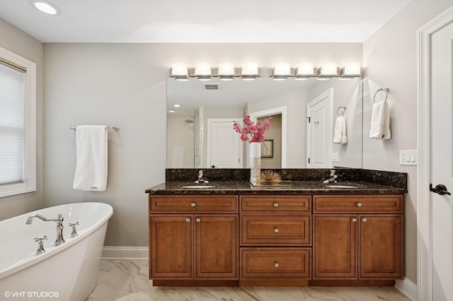 234 E Saint Charles Rd, Elmhurst, IL 60126 - full bathroom with marble finish flooring, double vanity, a soaking tub, and walk in shower