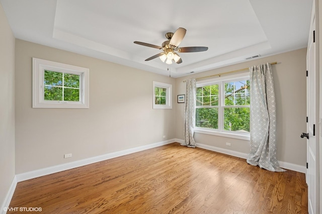 234 E Saint Charles Rd, Elmhurst, IL 60126 - spare room featuring a tray ceiling, light wood-type flooring, and ceiling fan