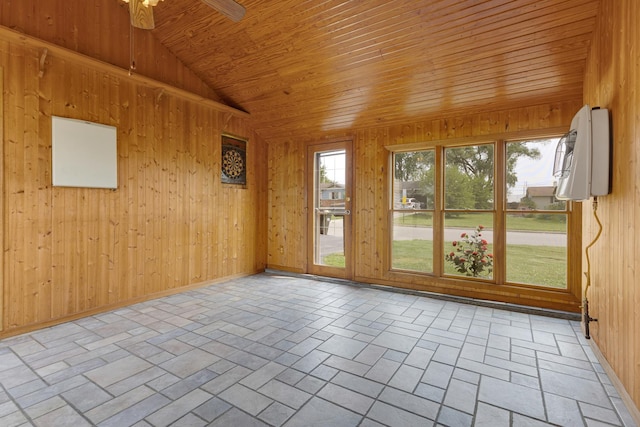 510 S Sycamore St, Genoa, IL 60135 - unfurnished room featuring wood ceiling, wooden walls, a wall mounted AC, vaulted ceiling, and ceiling fan