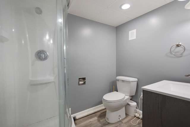 510 S Sycamore St, Genoa, IL 60135 - bathroom featuring a stall shower, vanity, wood finished floors, toilet, and baseboards