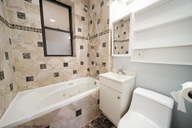 4054 W Palmer St Unit 2, Chicago, IL 60639 - bathroom featuring vanity, toilet, a combined bath / shower with jetted tub, and marble finish floors