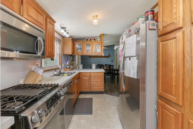 103 S Benson St, Lexington, IL 61753 - kitchen with appliances with stainless steel finishes, a peninsula, glass insert cabinets, and light countertops