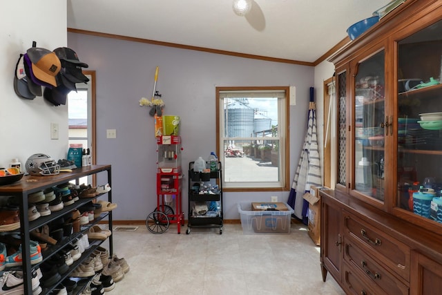 103 S Benson St, Lexington, IL 61753 - dining area featuring healthy amount of natural light, ornamental molding, and vaulted ceiling