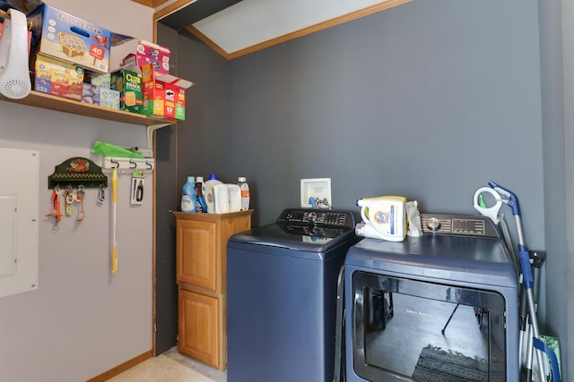 103 S Benson St, Lexington, IL 61753 - laundry area with separate washer and dryer, cabinet space, electric panel, and crown molding
