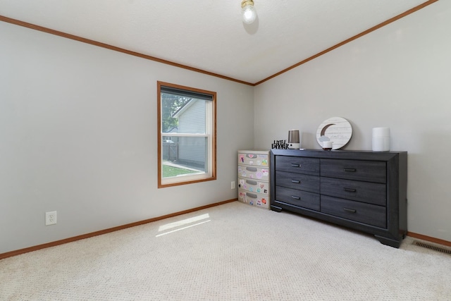 103 S Benson St, Lexington, IL 61753 - bedroom featuring crown molding, light carpet, and vaulted ceiling