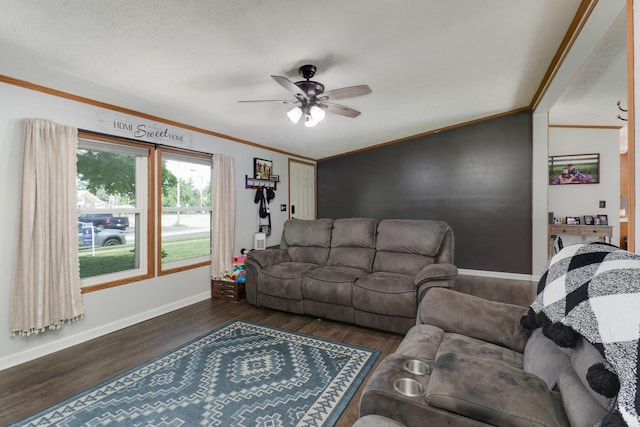 103 S Benson St, Lexington, IL 61753 - living room featuring a ceiling fan, wood finished floors, and crown molding
