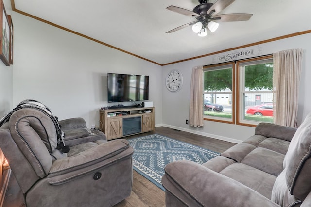 103 S Benson St, Lexington, IL 61753 - living room with lofted ceiling, crown molding, dark wood-style flooring, and a ceiling fan