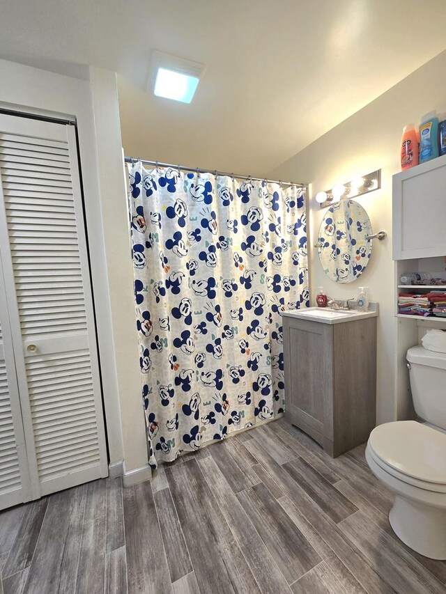 108 E Washington St, Ashkum, IL 60911 - full bathroom featuring toilet, vanity, wood finished floors, and curtained shower