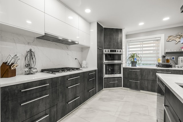7215 Birchwood Ct Unit 19B, Willowbrook, IL 60527 - kitchen featuring stainless steel appliances, white cabinetry, modern cabinets, crown molding, and tasteful backsplash
