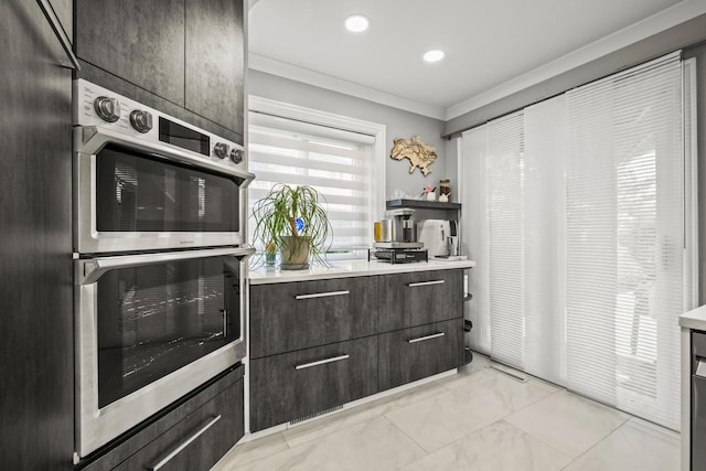 7215 Birchwood Ct Unit 19B, Willowbrook, IL 60527 - kitchen with stainless steel double oven, dark brown cabinetry, crown molding, light countertops, and recessed lighting