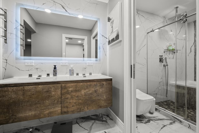 7215 Birchwood Ct Unit 19B, Willowbrook, IL 60527 - bathroom with marble look tile flooring, a marble finish shower, double vanity, and toilet