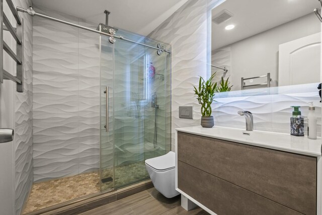 7215 Birchwood Ct Unit 19B, Willowbrook, IL 60527 - bathroom featuring vanity, a shower stall, toilet, recessed lighting, and wood finished floors