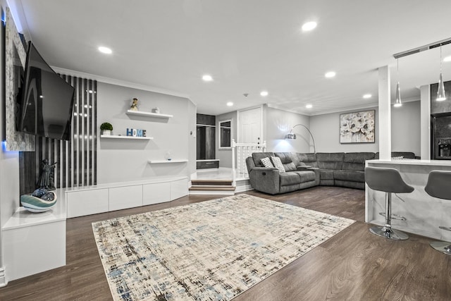 7215 Birchwood Ct Unit 19B, Willowbrook, IL 60527 - living area with crown molding, dark wood-style floors, and recessed lighting