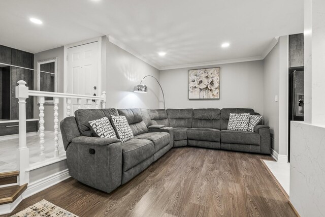 7215 Birchwood Ct Unit 19B, Willowbrook, IL 60527 - living area with dark wood-style flooring, recessed lighting, and ornamental molding