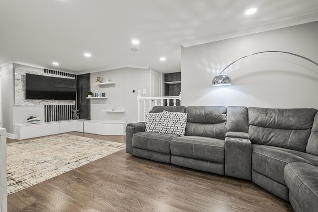 7215 Birchwood Ct Unit 19B, Willowbrook, IL 60527 - living room featuring ornamental molding, wood finished floors, and recessed lighting