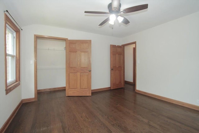 1711 White St, Des Plaines, IL 60018 - unfurnished bedroom with dark wood-type flooring, baseboards, a closet, lofted ceiling, and a ceiling fan