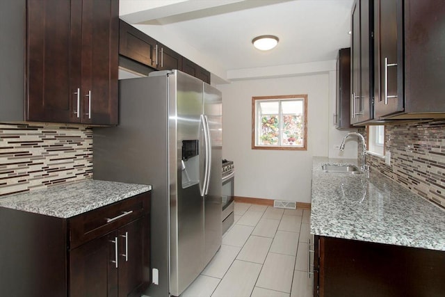 1711 White St, Des Plaines, IL 60018 - kitchen featuring a sink, appliances with stainless steel finishes, backsplash, and dark brown cabinetry