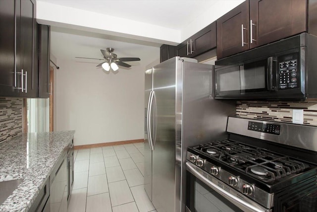 1711 White St, Des Plaines, IL 60018 - kitchen featuring stainless steel gas range oven, black microwave, tasteful backsplash, and ceiling fan