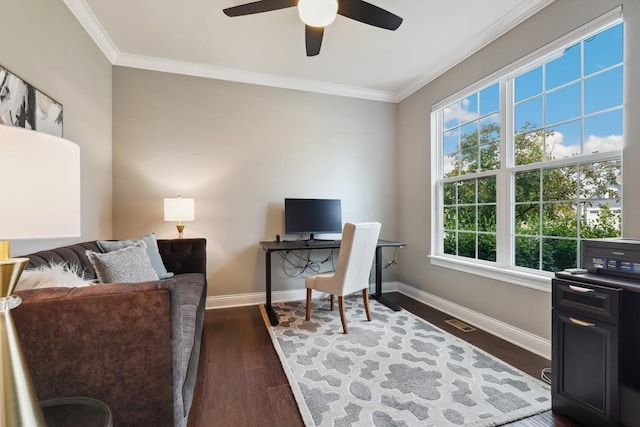 819 Heatherfield Cir, Naperville, IL 60565 - office featuring ceiling fan, crown molding, baseboards, and dark wood-type flooring