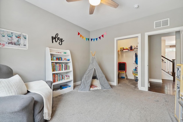 819 Heatherfield Cir, Naperville, IL 60565 - recreation room featuring carpet floors, ceiling fan, and baseboards