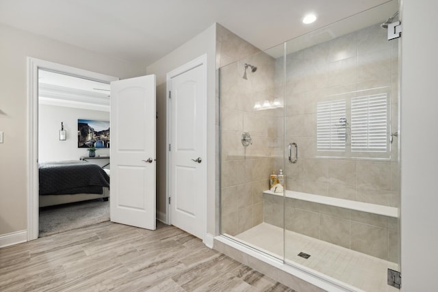 819 Heatherfield Cir, Naperville, IL 60565 - bathroom with connected bathroom, a shower stall, wood finished floors, baseboards, and recessed lighting