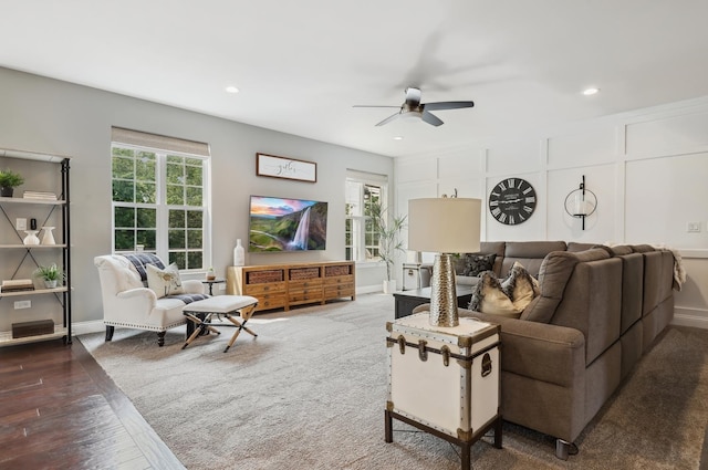 819 Heatherfield Cir, Naperville, IL 60565 - living room with ceiling fan, wood finished floors, recessed lighting, and baseboards