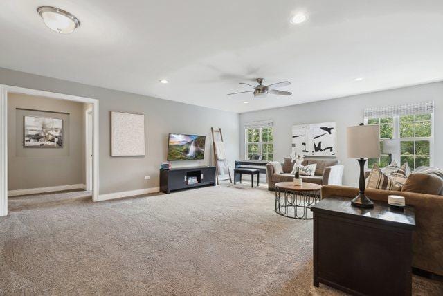 819 Heatherfield Cir, Naperville, IL 60565 - carpeted living room with a ceiling fan, baseboards, and recessed lighting