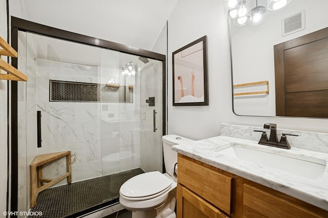 11214 Halma Ln, Woodstock, IL 60098 - bathroom featuring vanity, a marble finish shower, and a chandelier