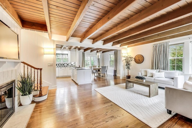 433 S Dunton Ave, Arlington Heights, IL 60005 - living area with light wood-type flooring and wooden ceiling with exposed beams